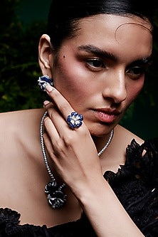 White Rhodium Finish Sapphire Spinel Stone Ring In Sterling Silver