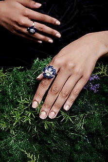 White Rhodium Finish Sapphire Spinel Stone Ring In Sterling Silver