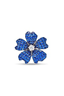 White Rhodium Finish Sapphire Spinel Stone Floral Ring In Sterling Silver