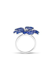 White Rhodium Finish Sapphire Spinel Stone Floral Ring In Sterling Silver