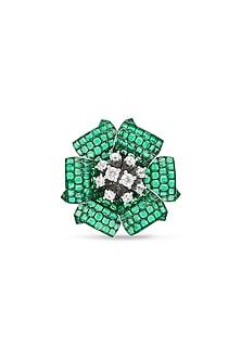 White Rhodium Finish Pearl & Emerald Spinel Stone Floral Ring In Sterling Silver