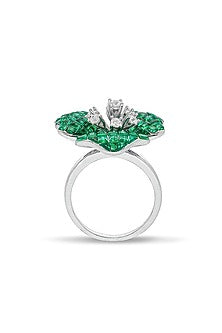 White Rhodium Finish Pearl & Emerald Spinel Stone Floral Ring In Sterling Silver