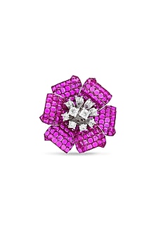 White Rhodium Finish Pearl & Ruby Spinel Stone Floral Ring In Sterling Silver