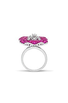 White Rhodium Finish Pearl & Ruby Spinel Stone Floral Ring In Sterling Silver
