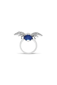 White Rhodium Finish Zircon & Sapphire Spinel Stone Honey Bee Ring In Sterling Silver