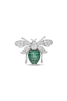 White Rhodium Finish Zircon & Emerald Spinel Stone Honey Bee Ring In Sterling Silver