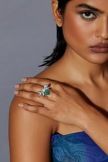 White Rhodium Finish Zircon & Emerald Spinel Stone Honey Bee Ring In Sterling Silver