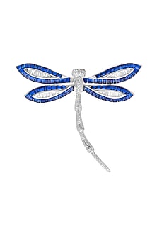 White Rhodium Finish Sapphire Blue Spinel Stone Dragonfly Brooch In Sterling silver
