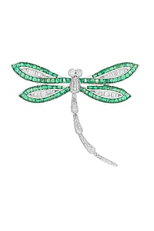 White Rhodium Finish Emerald Green Spinel Stone Dragonfly Brooch In Sterling silver