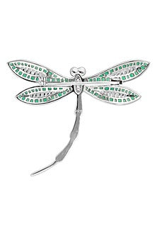 White Rhodium Finish Emerald Green Spinel Stone Dragonfly Brooch In Sterling silver