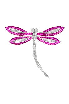 White Rhodium Finish Ruby Spinel Stone Dragonfly Brooch In Sterling silver