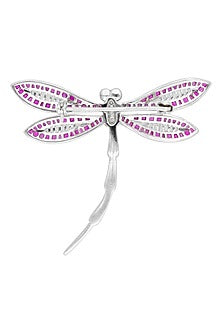 White Rhodium Finish Ruby Spinel Stone Dragonfly Brooch In Sterling silver