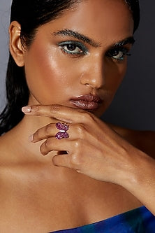 White Rhodium Finish Ruby Spinel Stone Fluttering Wing Ring In Sterling Silver