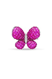 White Rhodium Finish Ruby Spinel Stone Fluttering Wing Ring In Sterling Silver