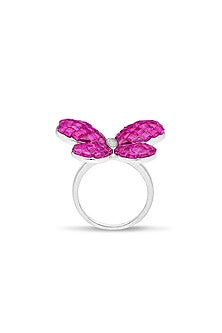 White Rhodium Finish Ruby Spinel Stone Fluttering Wing Ring In Sterling Silver