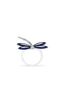 White Rhodium Finish Sapphire Spinel Stone Dragonfly Ring In Sterling Silver
