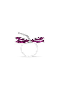 White Rhodium Finish Ruby Spinel Stone Dragonfly Ring In Sterling Silver