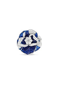 White Rhodium Finish Zircon & Sapphire Spinel Stone Floral Ring In Sterling Silver
