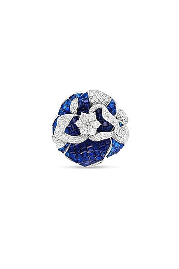 White Rhodium Finish Zircon & Sapphire Spinel Stone Floral Ring In Sterling Silver