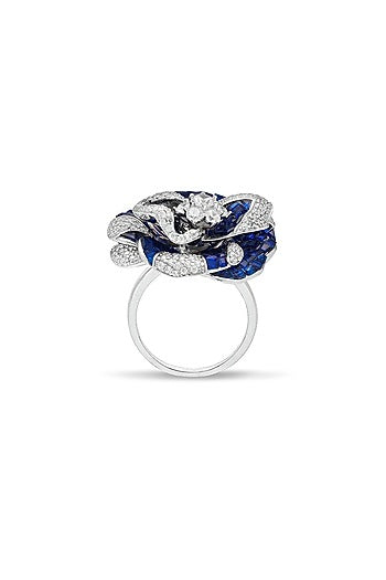 White Rhodium Finish Zircon & Sapphire Spinel Stone Floral Ring In Sterling Silver