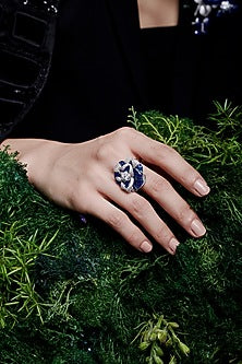 White Rhodium Finish Zircon & Sapphire Spinel Stone Floral Ring In Sterling Silver