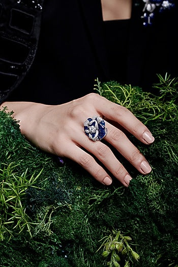 White Rhodium Finish Zircon & Sapphire Spinel Stone Floral Ring In Sterling Silver