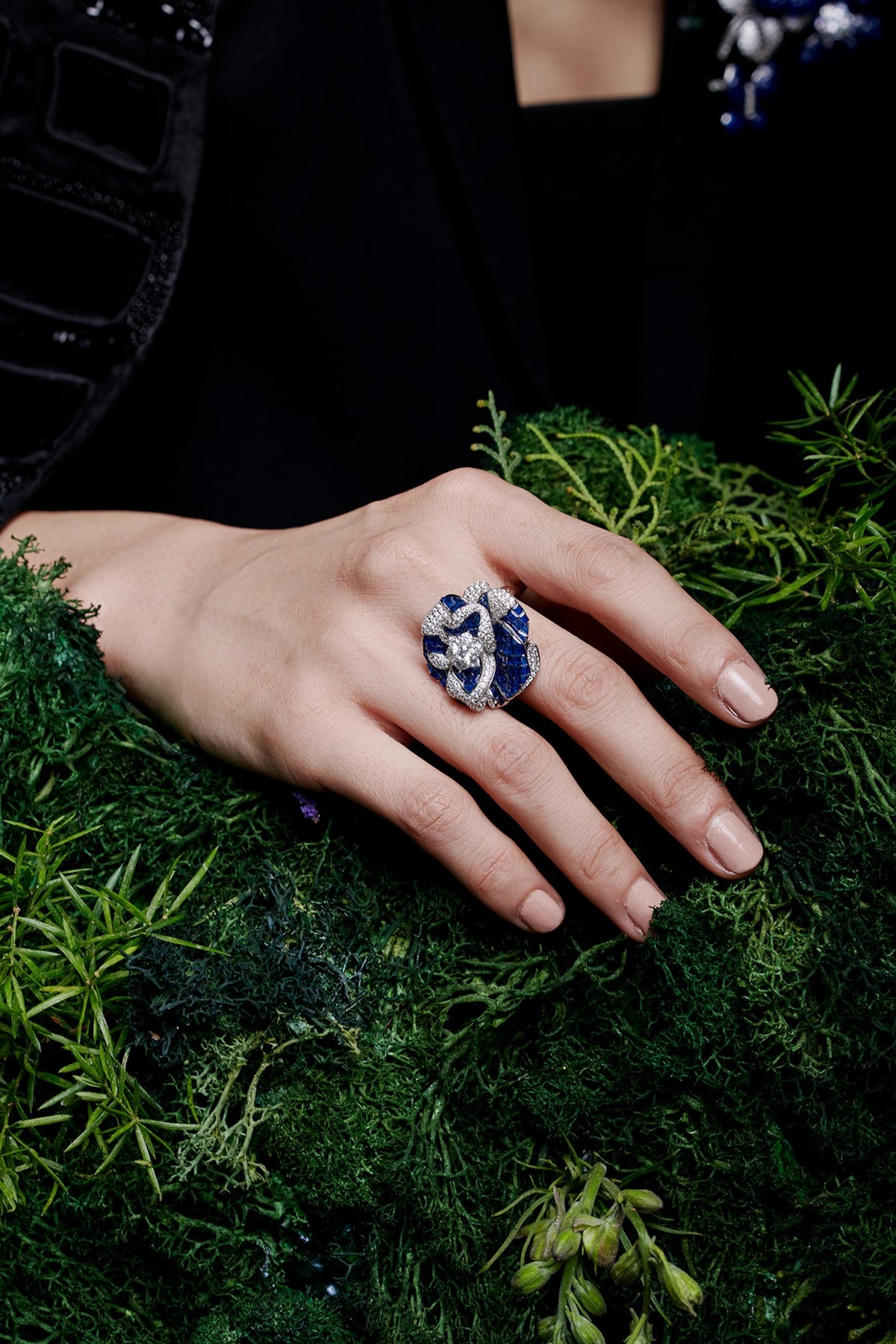 White Rhodium Finish Zircon & Sapphire Spinel Stone Floral Ring In Sterling Silver