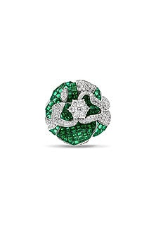 White Rhodium Finish Zircon & Emerald Spinel Stone Floral Ring In Sterling Silver