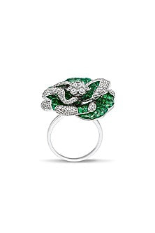 White Rhodium Finish Zircon & Emerald Spinel Stone Floral Ring In Sterling Silver