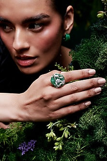 White Rhodium Finish Zircon & Emerald Spinel Stone Floral Ring In Sterling Silver