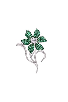 White Rhodium Finish Emerald Green Spinel Stone Celestial Petal Brooch In Sterling silver