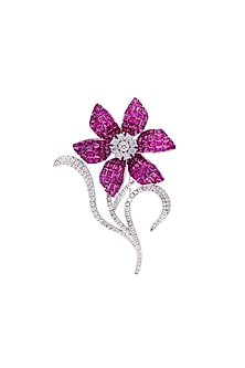 White Rhodium Finish Ruby Spinel Stone Celestial Petal Brooch In Sterling silver