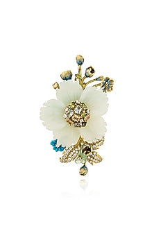 Gold Finish Cubic Zirconia & Blue Onyx Brooch In Sterling Silver