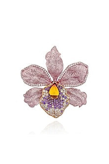 White Rhodium Finish Purple Cubic Zirconia Floral Brooch In Sterling Silver