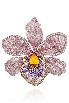 White Rhodium Finish Purple Cubic Zirconia Floral Brooch In Sterling Silver