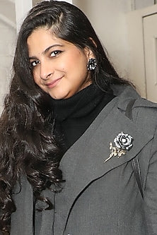 Gold Finish Black Cubic Zirconia Floral Brooch In Sterling Silver