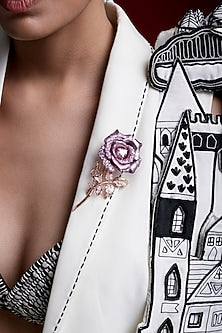 Rose Gold Finish Pink Cubic Zirconia Floral Brooch In Sterling Silver