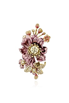 Gold Finish Pink Cubic Zirconia Floral Brooch In Sterling Silver
