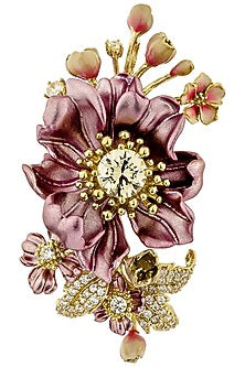 Gold Finish Pink Cubic Zirconia Floral Brooch In Sterling Silver