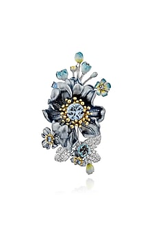 White Rhodium Finish Blue Cubic Zirconia Floral Brooch In Sterling Silver