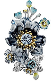 White Rhodium Finish Blue Cubic Zirconia Floral Brooch In Sterling Silver
