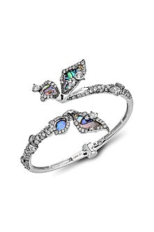 White Rhodium Finish Blue Cubic Zirconia Cuff Bracelet In Sterling Silver