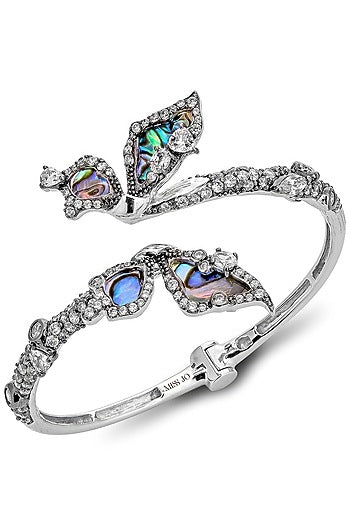 White Rhodium Finish Blue Cubic Zirconia Cuff Bracelet In Sterling Silver