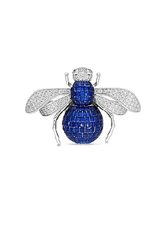 White Rhodium Finish Sapphire Blue Spinel Stone Bee Brooch In Sterling silver