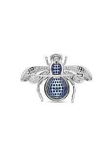 White Rhodium Finish Sapphire Blue Spinel Stone Bee Brooch In Sterling silver
