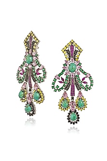 White Rhodium Finish Turquoise Cubic Zirconia Chandelier Earrings In Sterling Silver