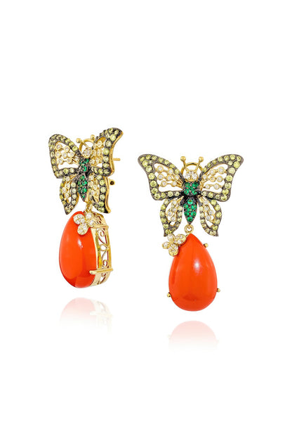 Gold Finish Cubic Zirconia & Coral Stone Dangler Earrings In Sterling Silver