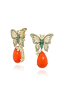 Gold Finish Cubic Zirconia & Coral Stone Dangler Earrings In Sterling Silver