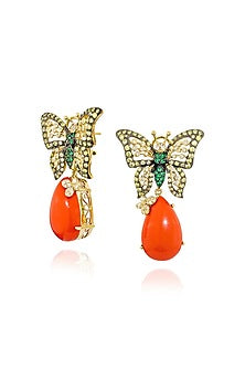 Gold Finish Cubic Zirconia & Coral Stone Dangler Earrings In Sterling Silver