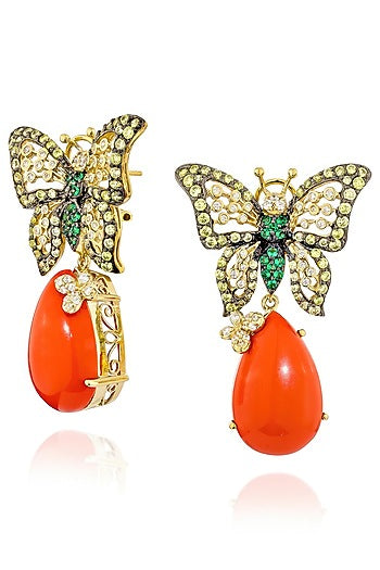 Gold Finish Cubic Zirconia & Coral Stone Dangler Earrings In Sterling Silver